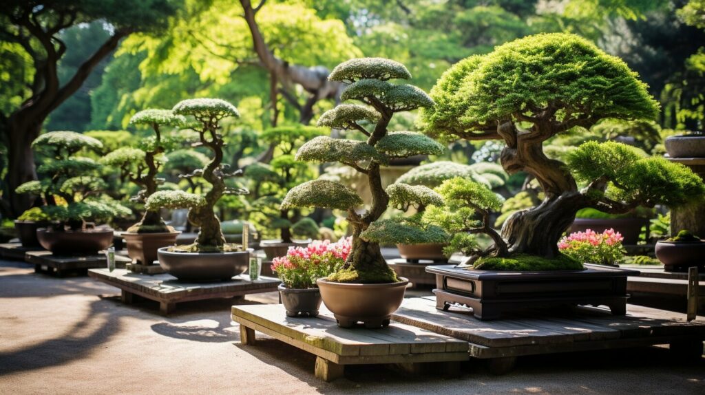 Displaying bonsai trees in a garden