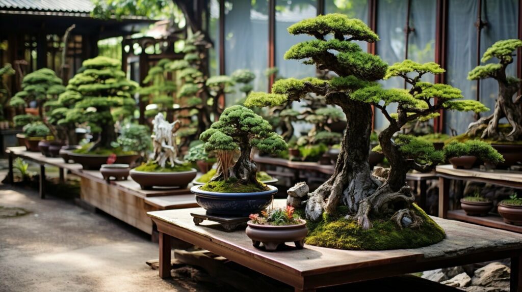 Showcasing Bonsai Trees in a Garden