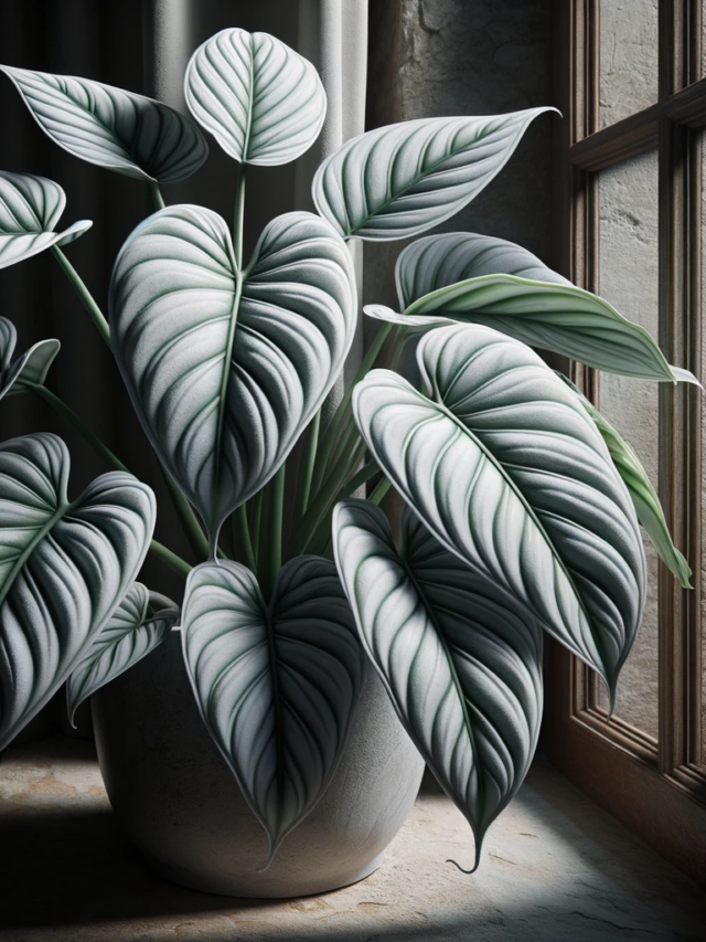 Philodendron 'White Knight' placed on a stone window sill