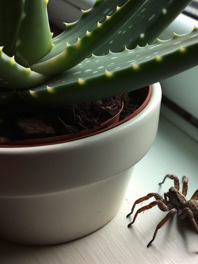 spider near an aloe vera plant on a windowsill
