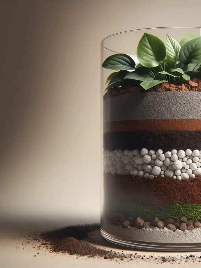 A jar on top of a table with different soil components visible