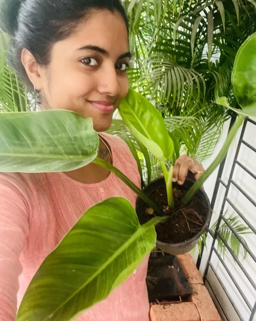 Happy Girl with Philodendron Congo Green Plant In Round Pot at Home Garden