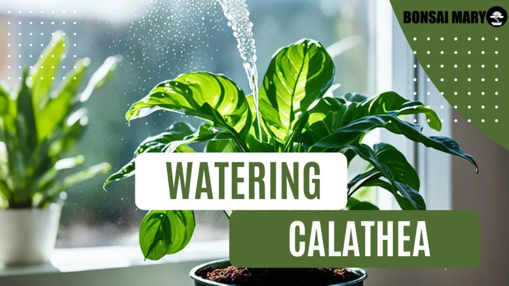 Image of a Calathea in the background with text overlay of "Watering Calathea"