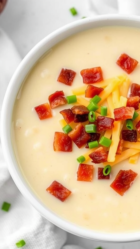 A bowl of creamy baked potato soup topped with bacon, cheese, and green onions.