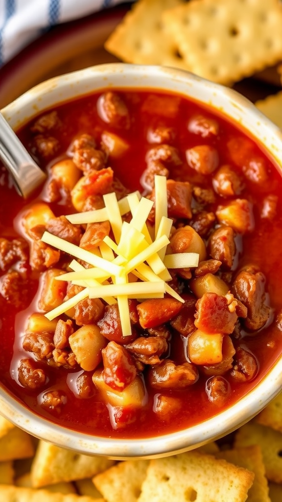 A bowl of beef chili topped with shredded cheese, surrounded by crispy crackers.