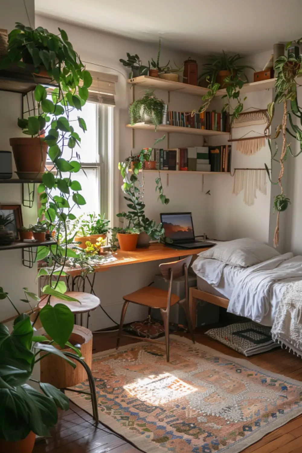 Small bedroom with a boho-chic workspace