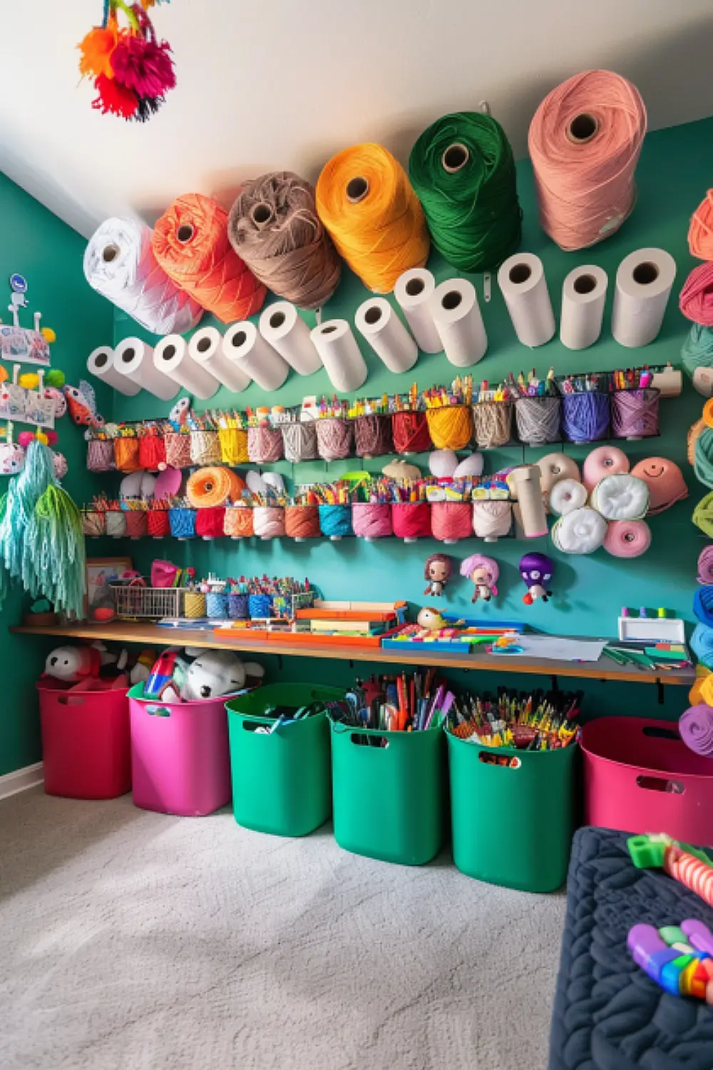 Toddler bedroom with DIY crafts area and colorful storage