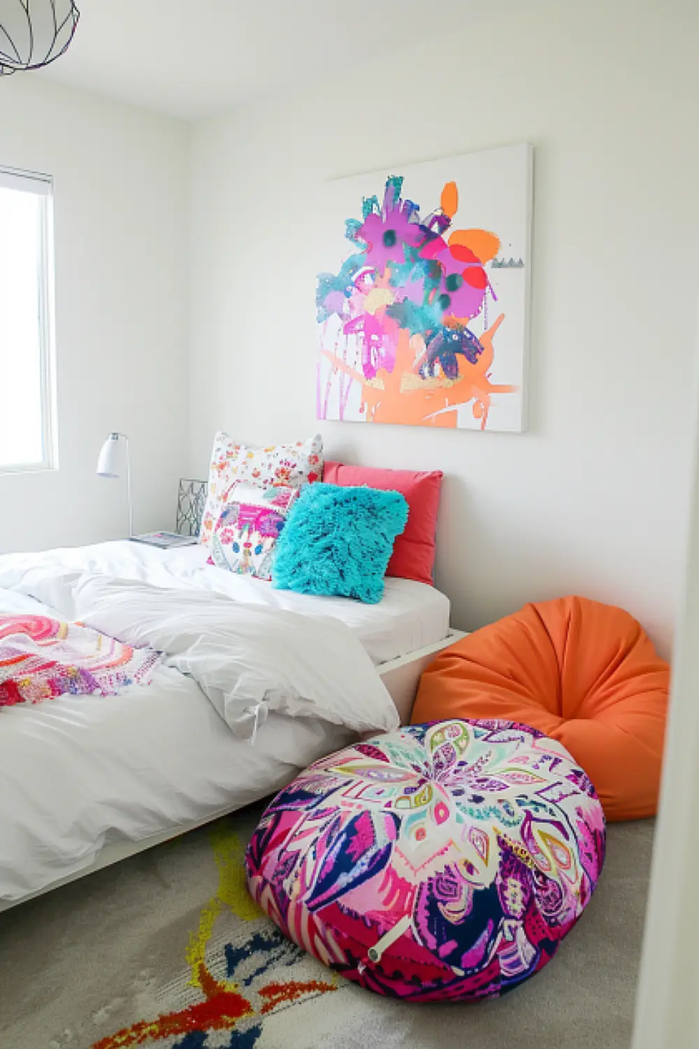 Bright and colorful boho toddler bedroom with modern artwork