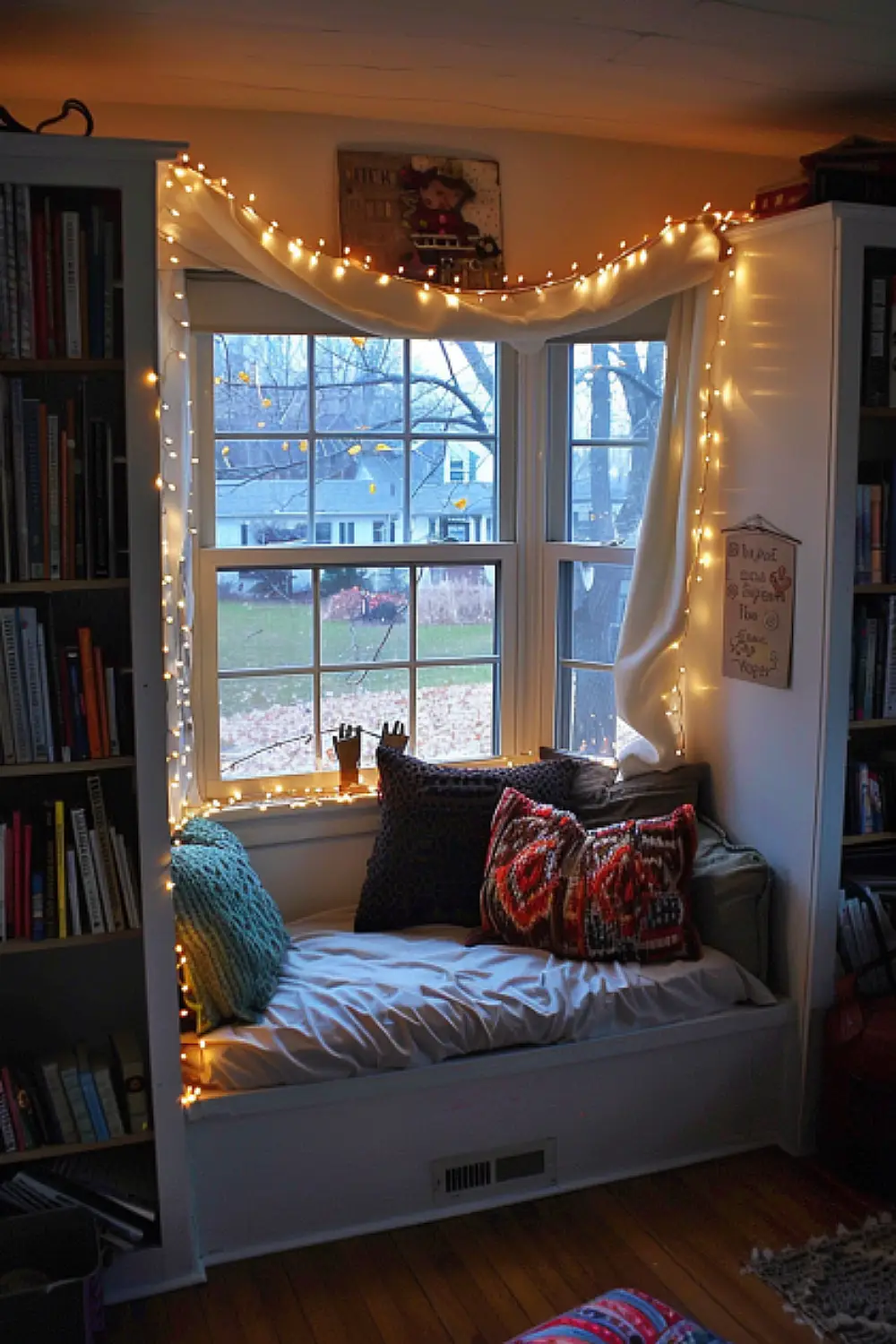 Cozy boho toddler bedroom with reading nook and string lights