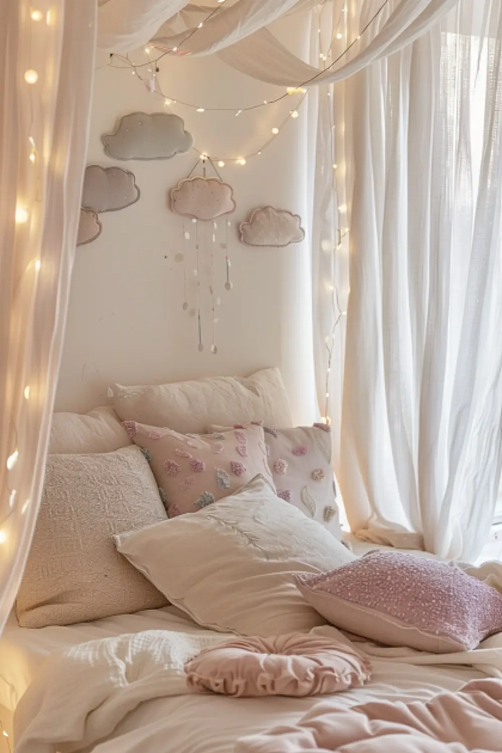 Dreamy boho toddler bedroom with drapes and fairy lights