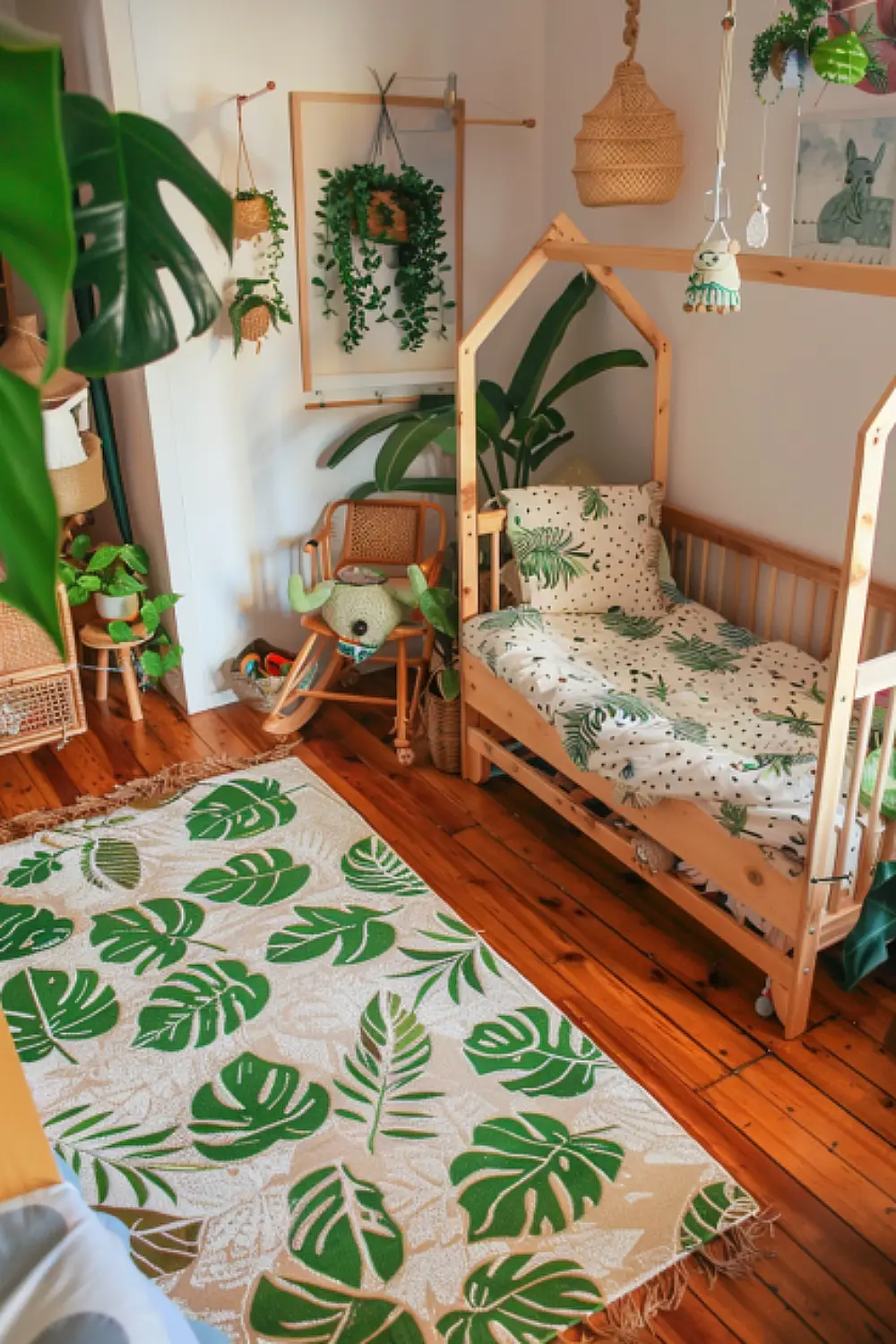 Nature-themed boho bedroom with wood furniture and green accents