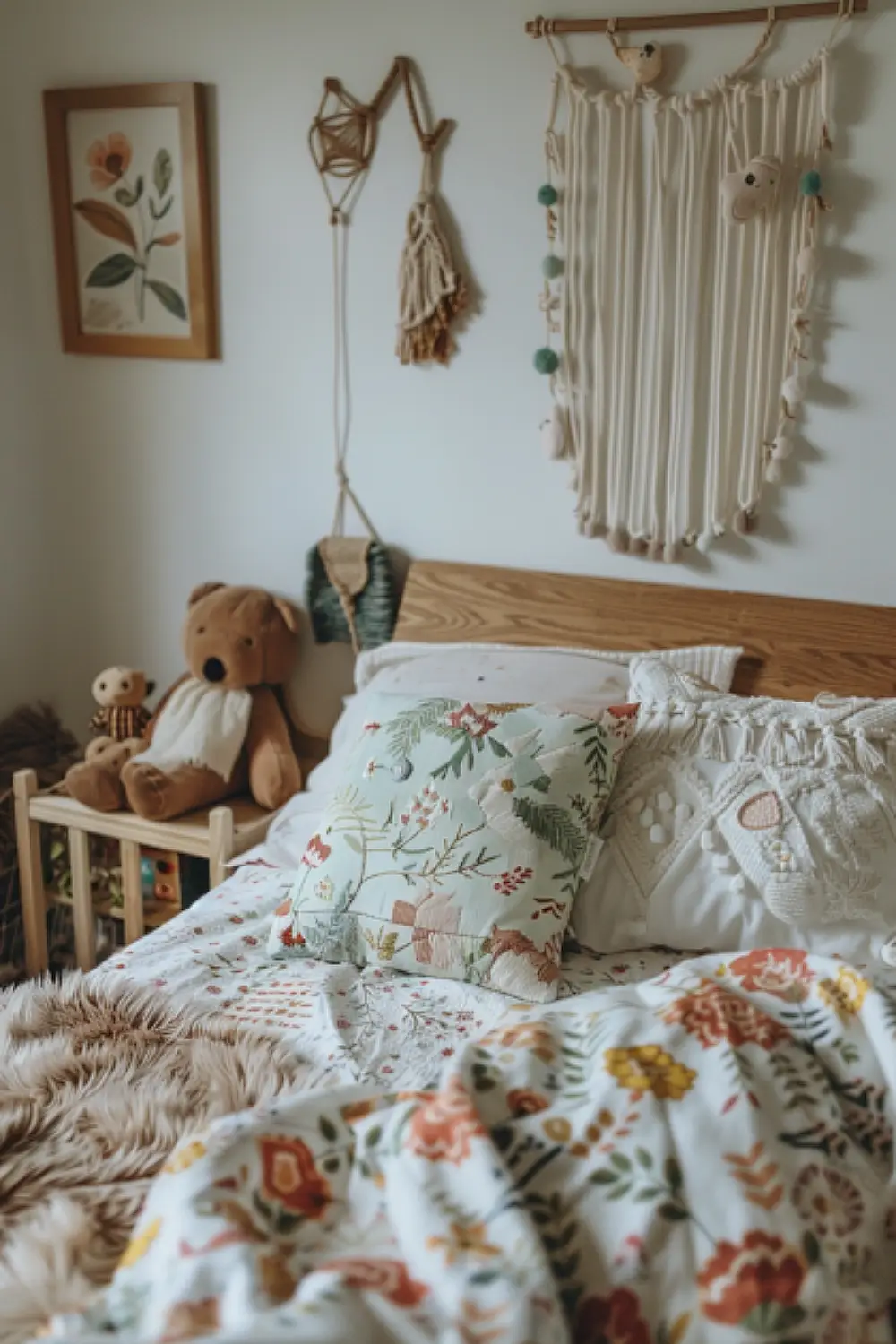 Boho toddler bedroom with mixed patterns and wooden toys