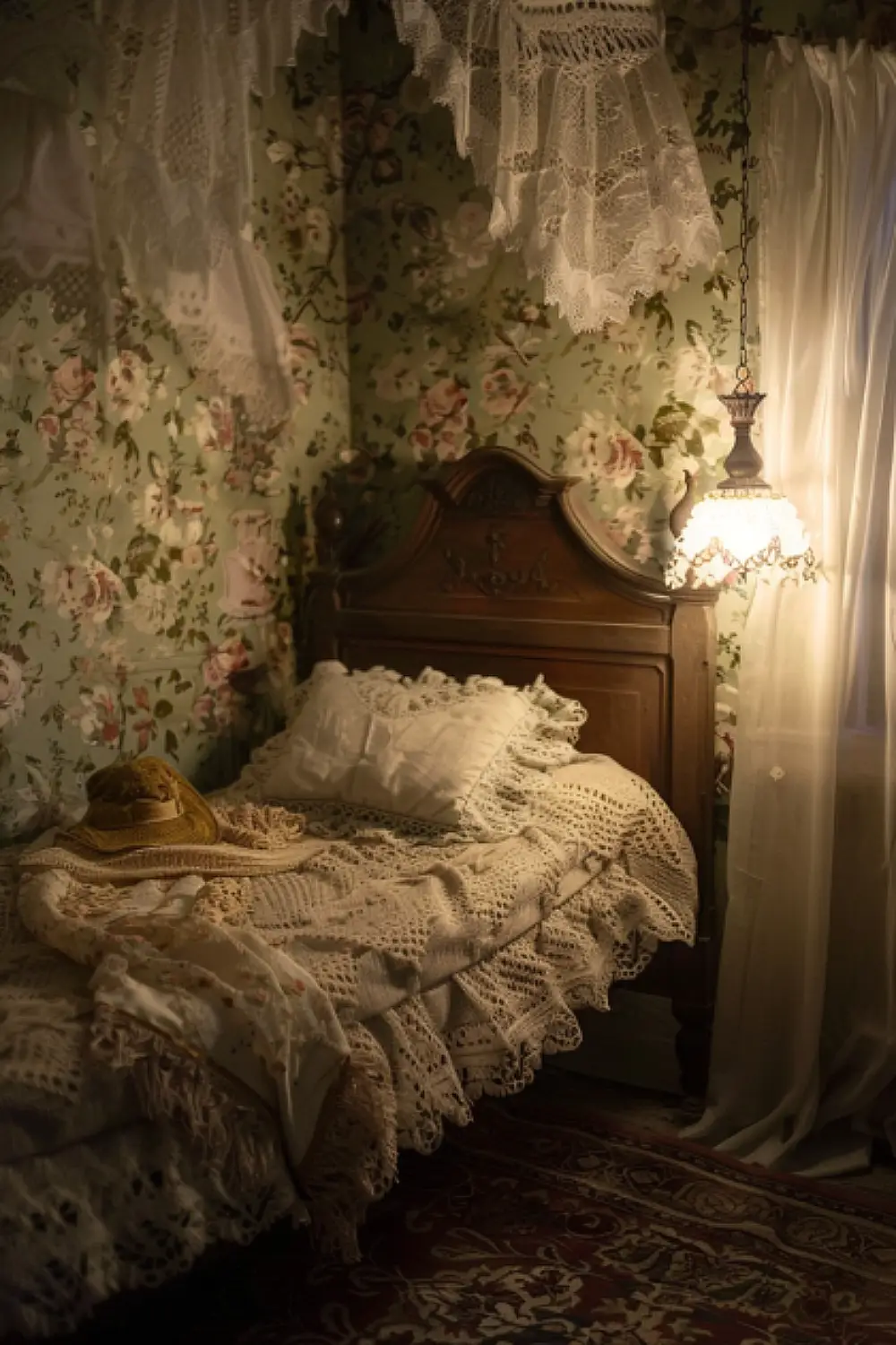 Vintage-style boho bedroom with floral wallpaper and lace curtains