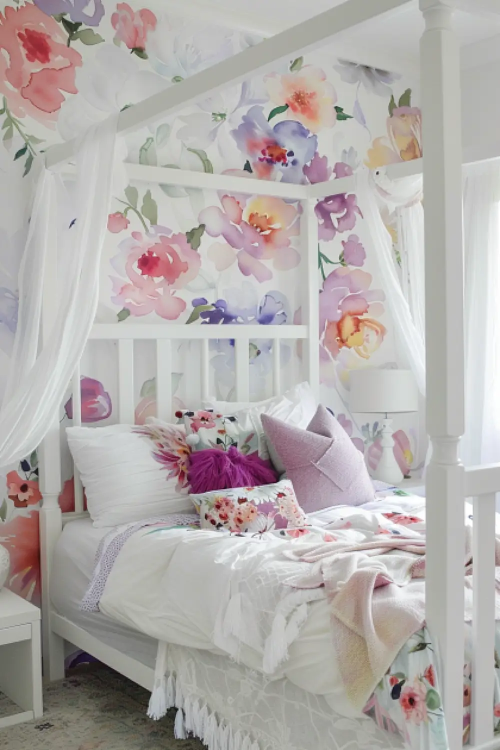 Toddler bedroom with watercolor floral decals and canopy bed