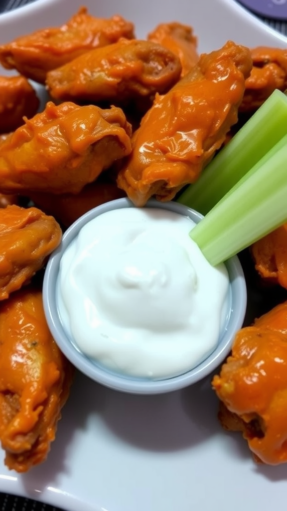 A plate of buffalo chicken wings with sauce, celery sticks, and ranch dressing.