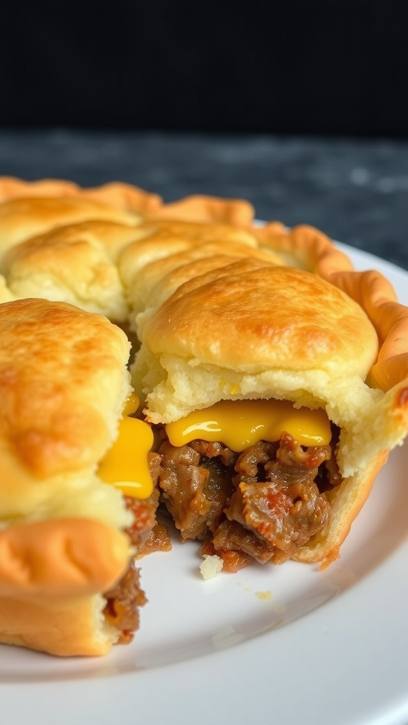 A delicious cheeseburger pie with a golden crust and melted cheese inside.