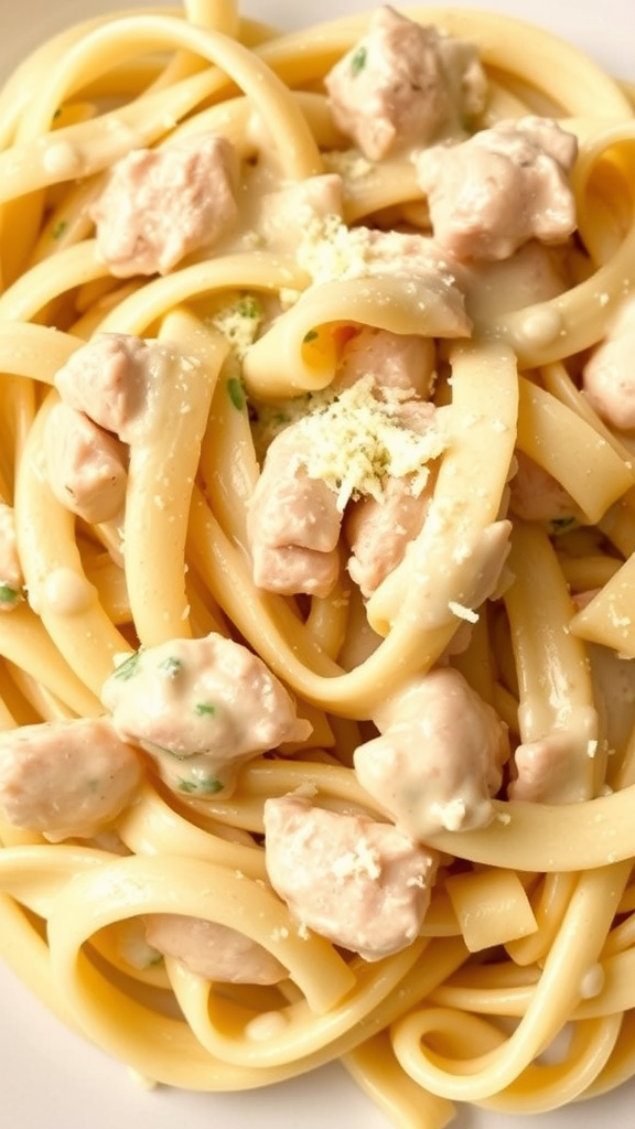 A plate of Chicken Alfredo Pasta with fettuccine and chicken in a creamy sauce