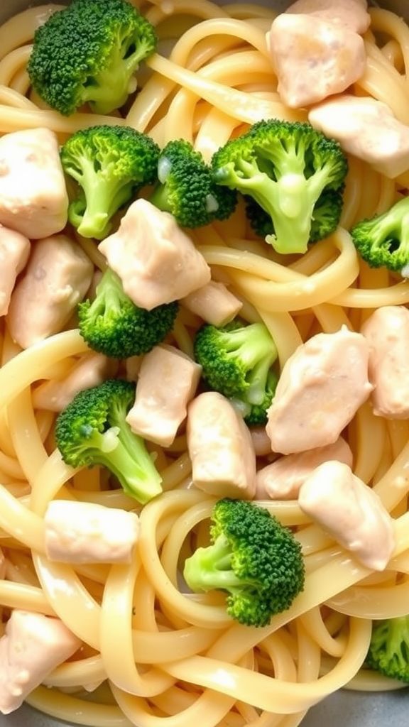 A bowl of Chicken and Broccoli Pasta with creamy sauce and fresh ingredients.