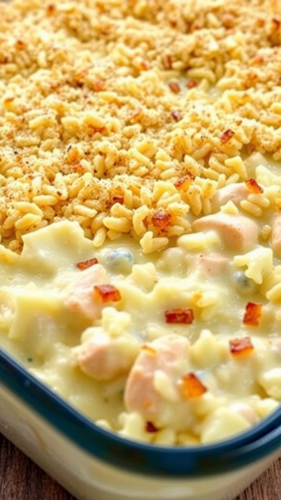 A delicious chicken and rice casserole with a crispy topping.