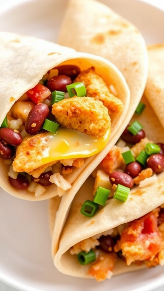 Plate with two chicken burritos filled with rice, beans, and green onions