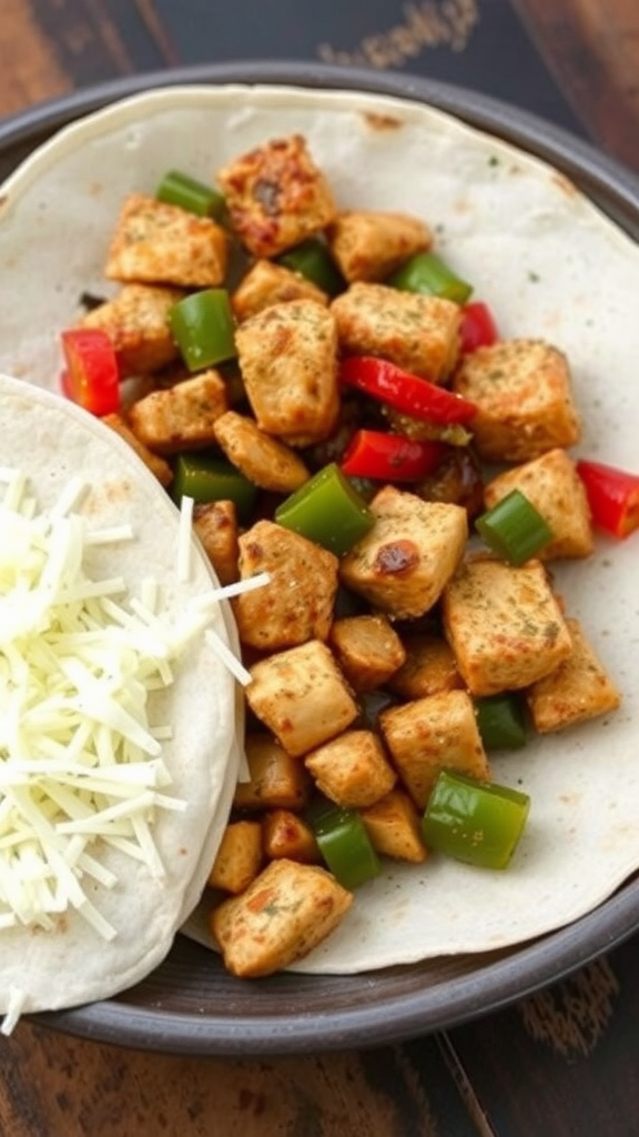 A plate of chicken fajitas with diced chicken, peppers, and tortillas.