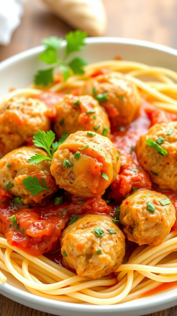 A delicious plate of chicken meatballs served with spaghetti and tomato sauce, garnished with fresh herbs.