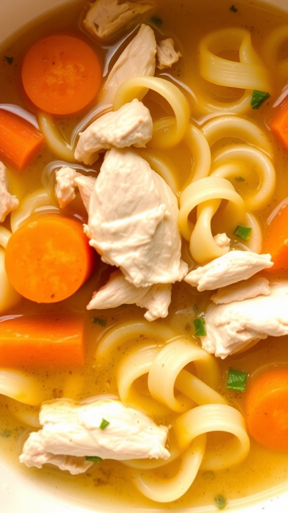 A close-up view of chicken noodle soup with chicken pieces, noodles, and carrots in a broth.
