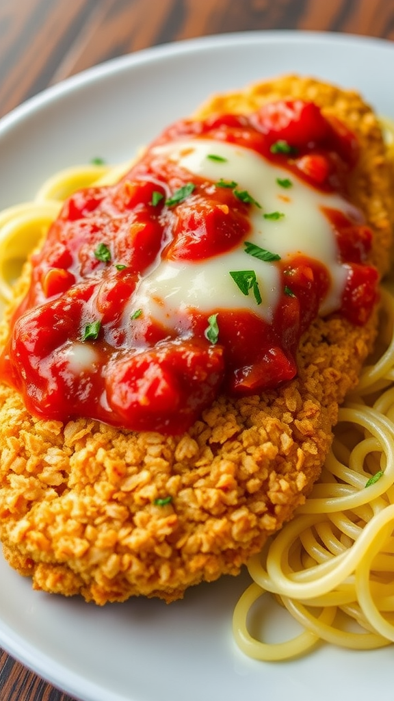A plate of Chicken Parmesan with spaghetti, topped with marinara sauce and melted cheese