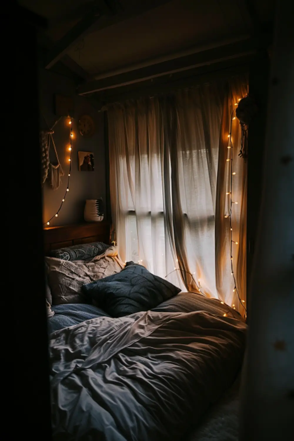 Cozy small bedroom with fairy lights and drapes