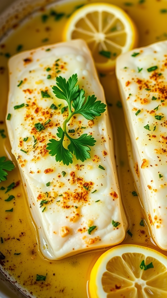 Garlic Butter Baked Cod topped with parsley and lemon slices