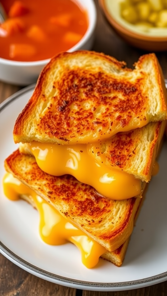 A delicious grilled cheese sandwich with melted cheese, served with tomato soup and pickles.
