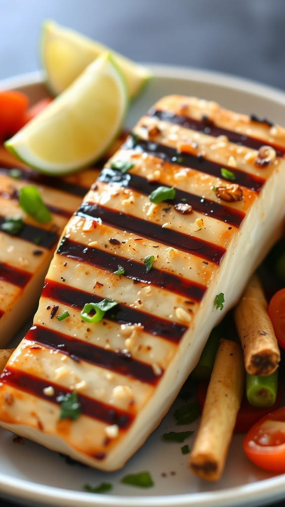 Grilled mahi mahi fillets with lime and vegetables on a plate.