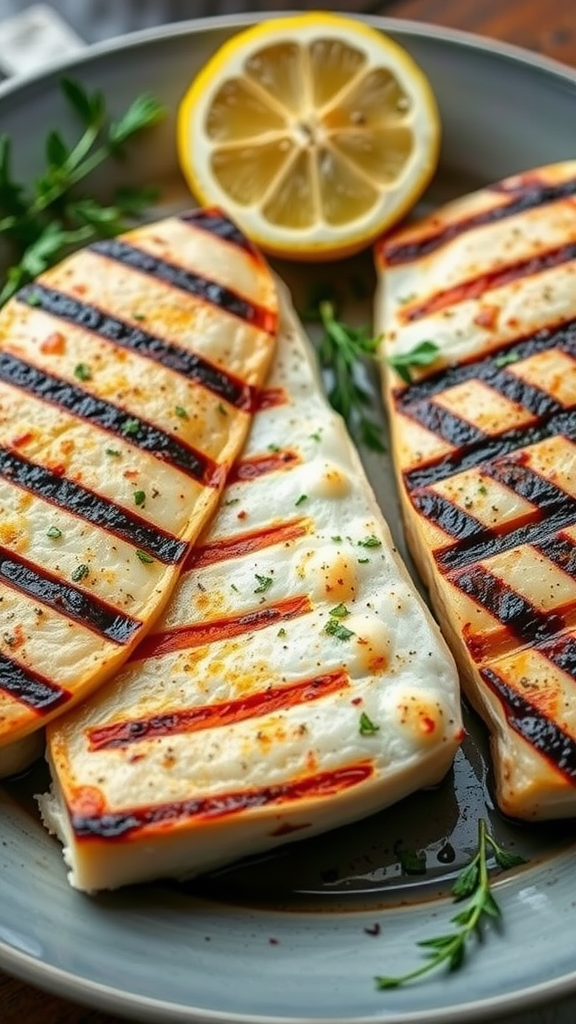 Grilled swordfish steaks with lemon and herbs on a plate