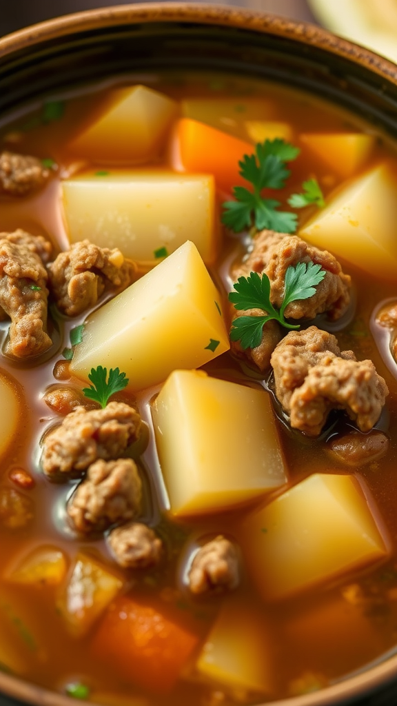 A bowl of hamburger soup with ground beef, potatoes, and herbs