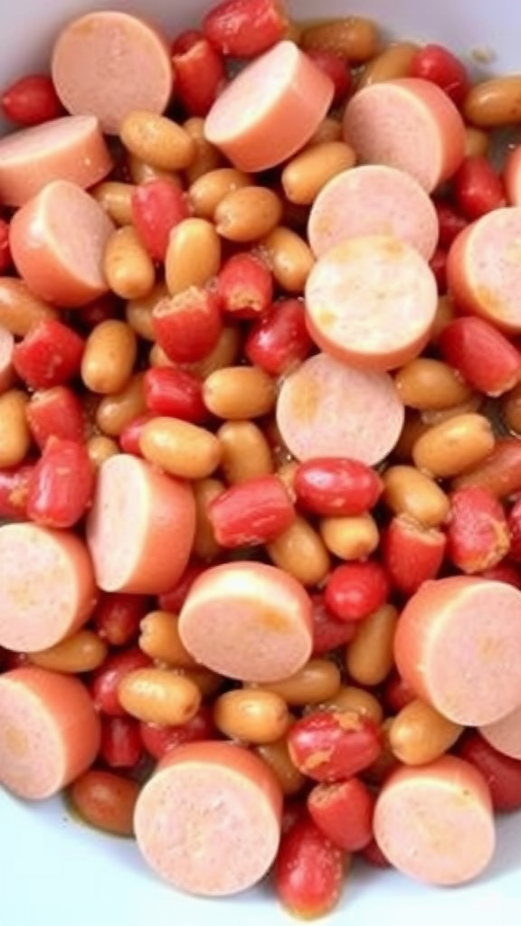 A mix of sliced hot dogs and beans in a bowl, showcasing vibrant colors and textures.