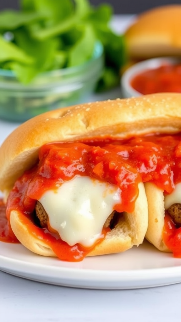 A close-up of a meatball sub topped with marinara sauce and melted cheese, served on a plate with fresh ingredients in the background.