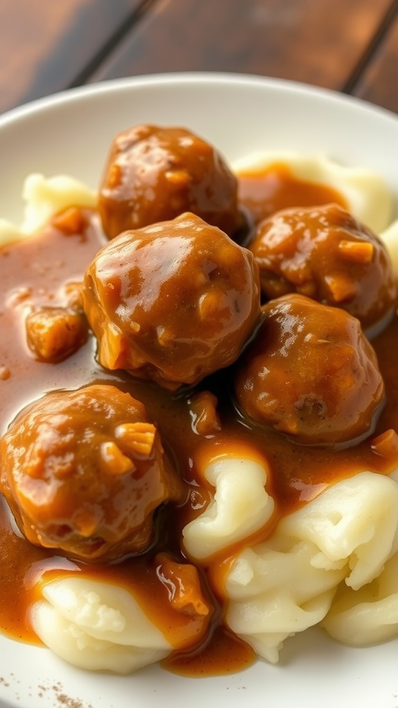 A plate of meatballs covered in gravy served with mashed potatoes.