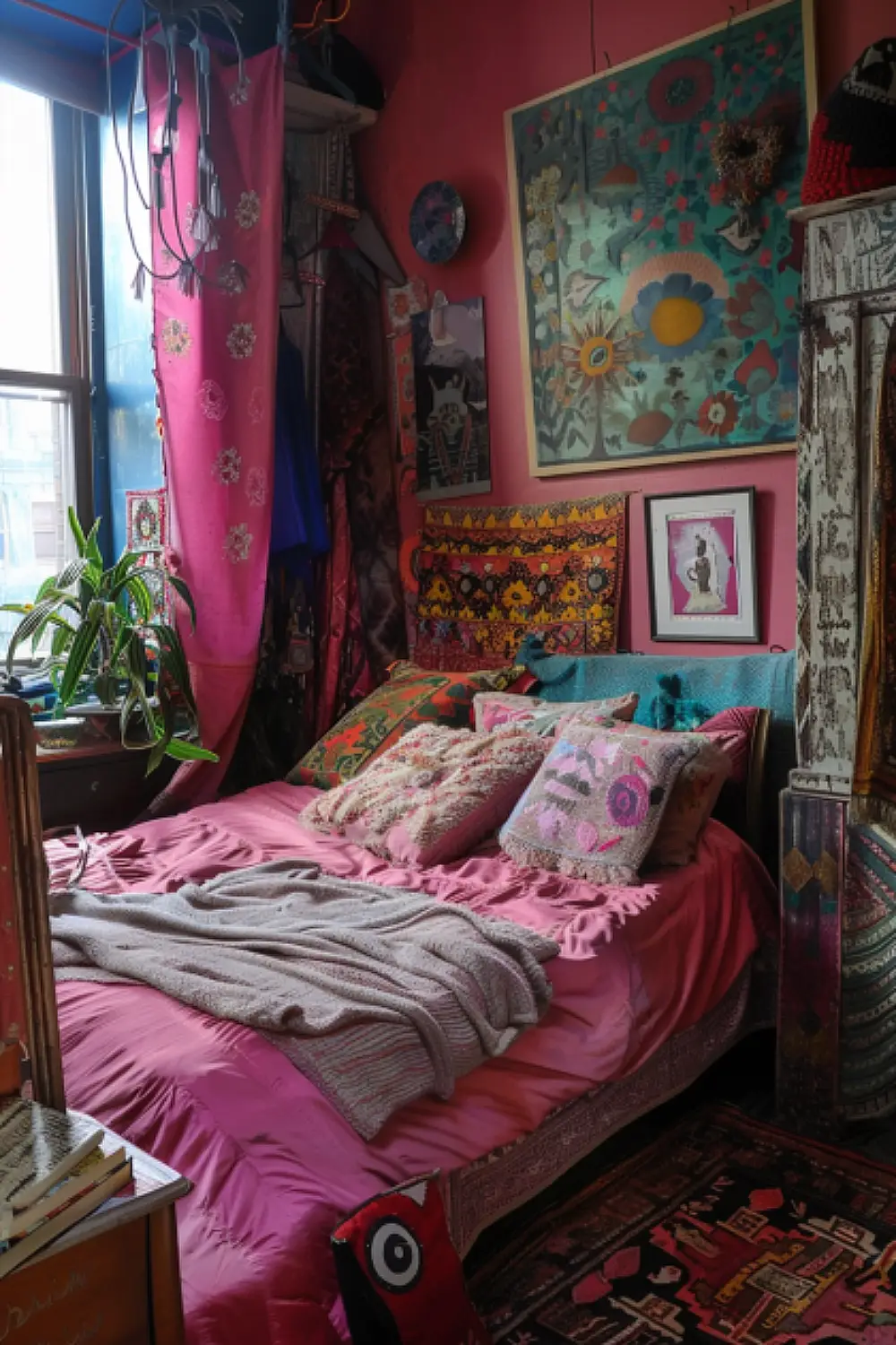 Inspiring boho bedroom with artistic pink flair and creative decor.