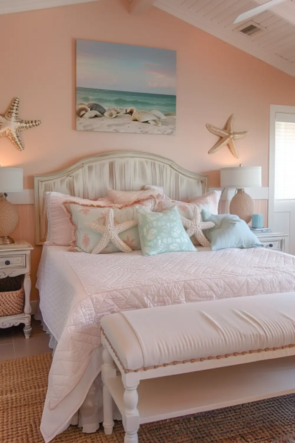 Relaxed boho bedroom with beach-themed pink decor.