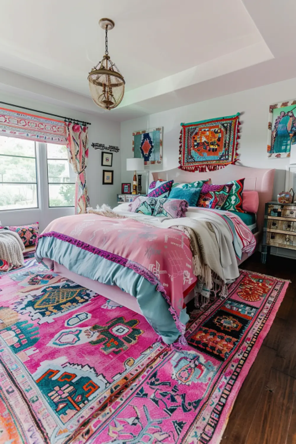 Whimsical boho chic bedroom with pink and turquoise accents.