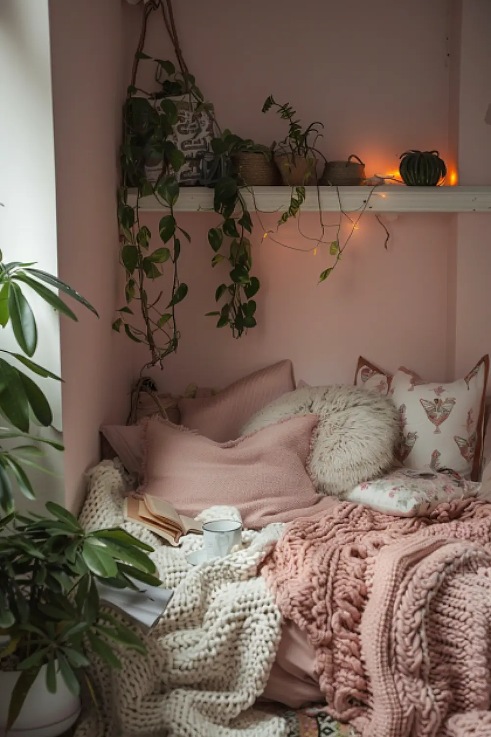 Cozy boho bedroom nook with dusty pink walls and comfy accents.