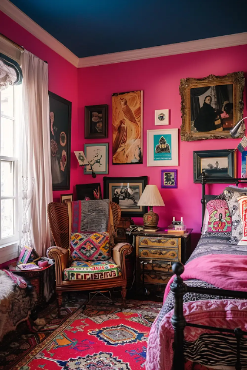 Lively eclectic boho bedroom with hot pink walls and bold patterns.