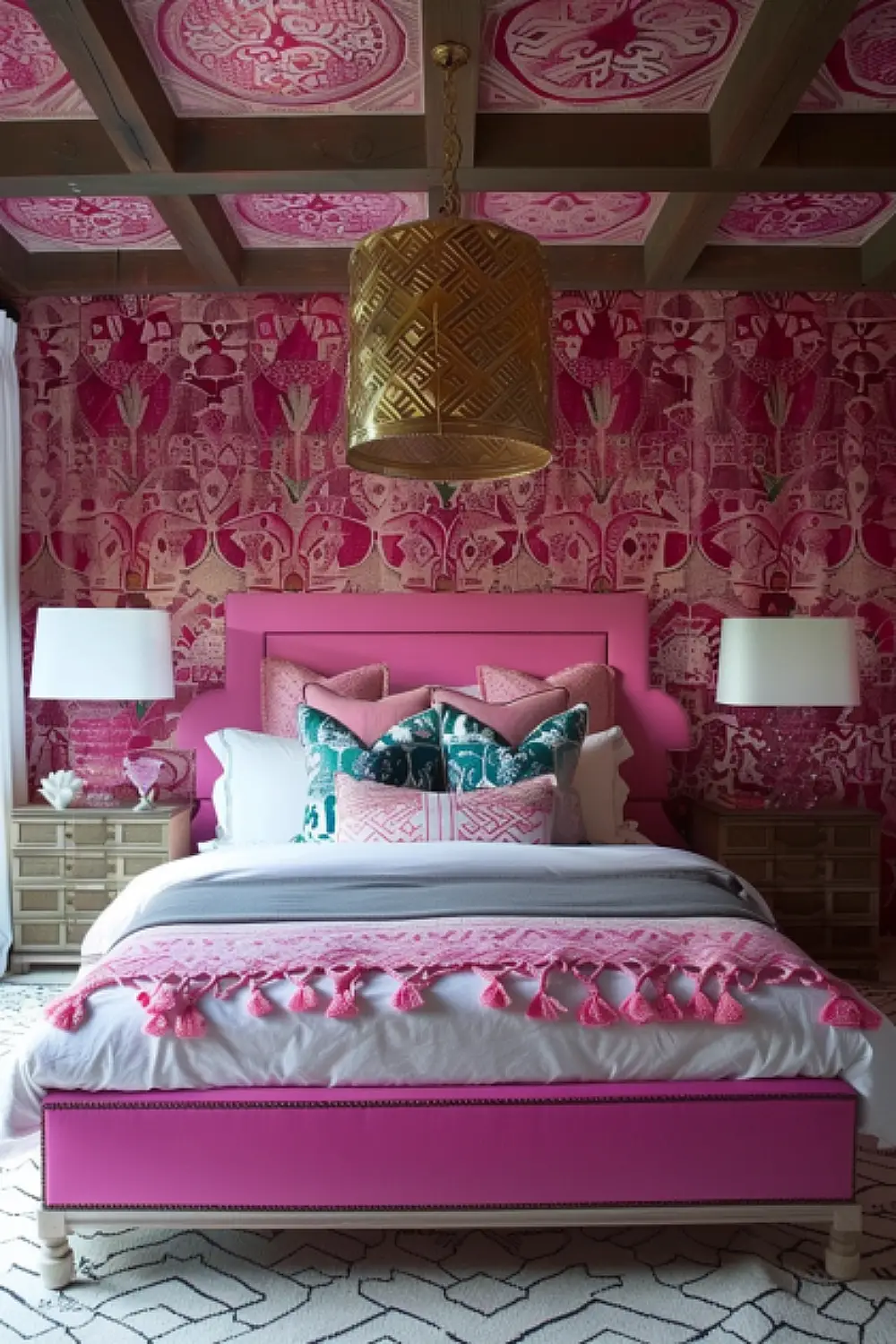 Dynamic boho bedroom with exotic pink patterns and vibrant decor.