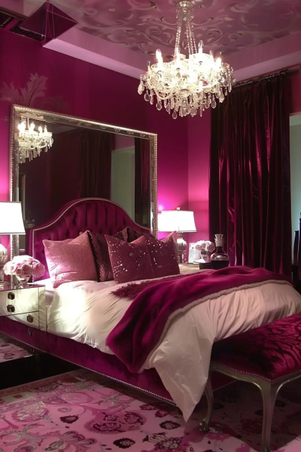 Glamorous boho bedroom with luxurious pink tones and plush decor.