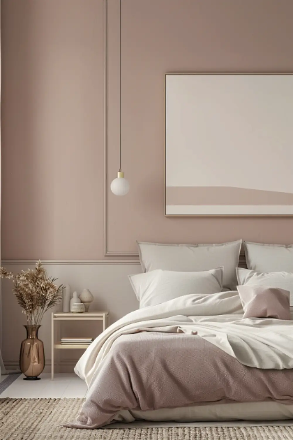 Modern minimalist bedroom with muted pink tones and sleek design.