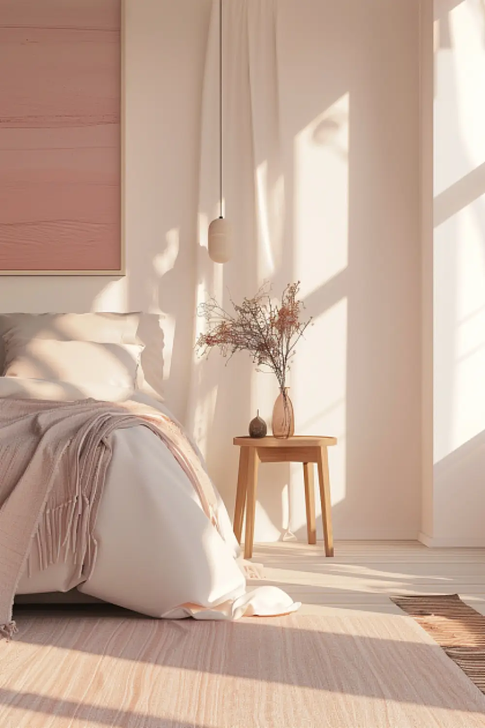 Peaceful boho bedroom with soothing pastel pink decor.