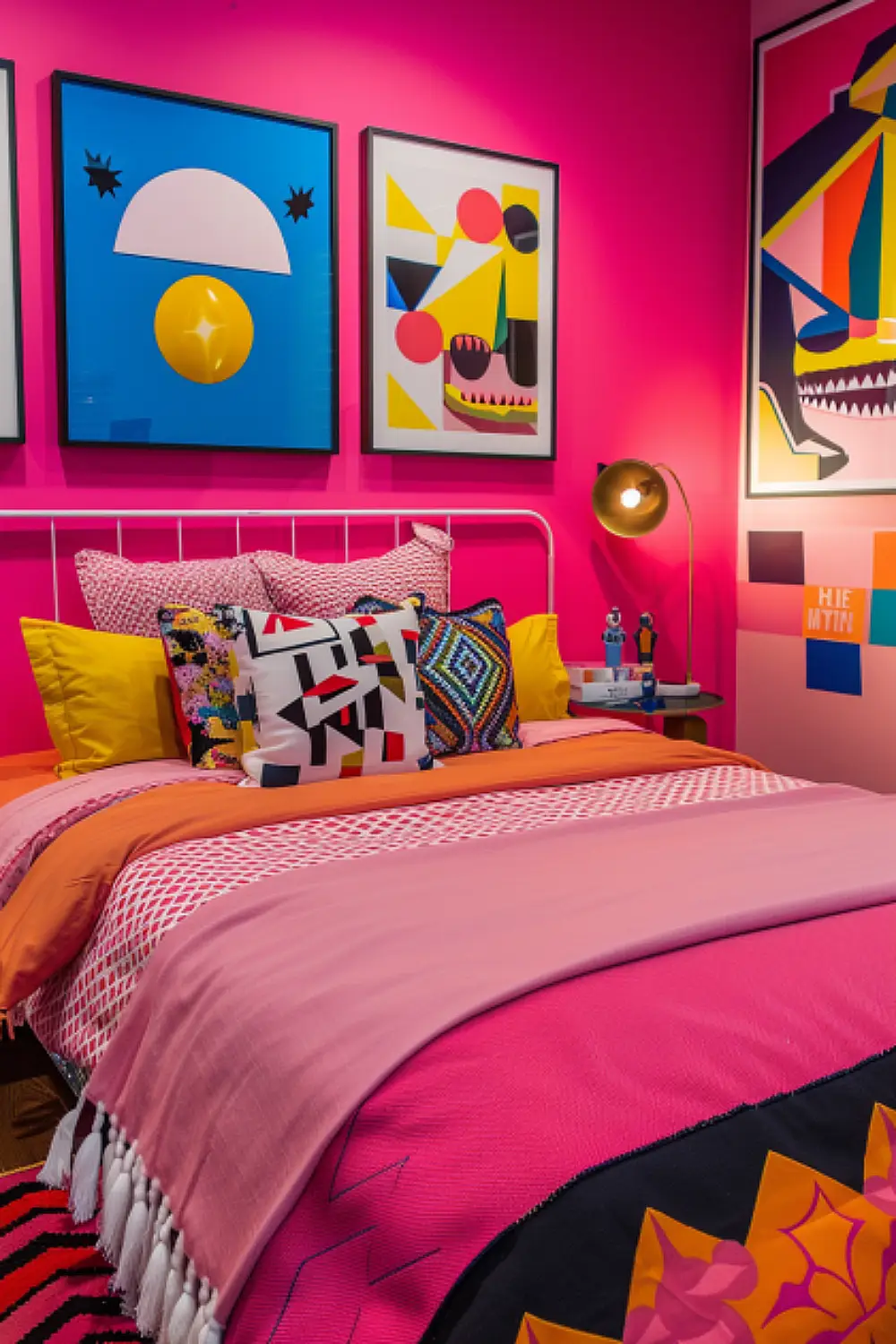 Playful boho bedroom with pop art decor and bold pink walls.