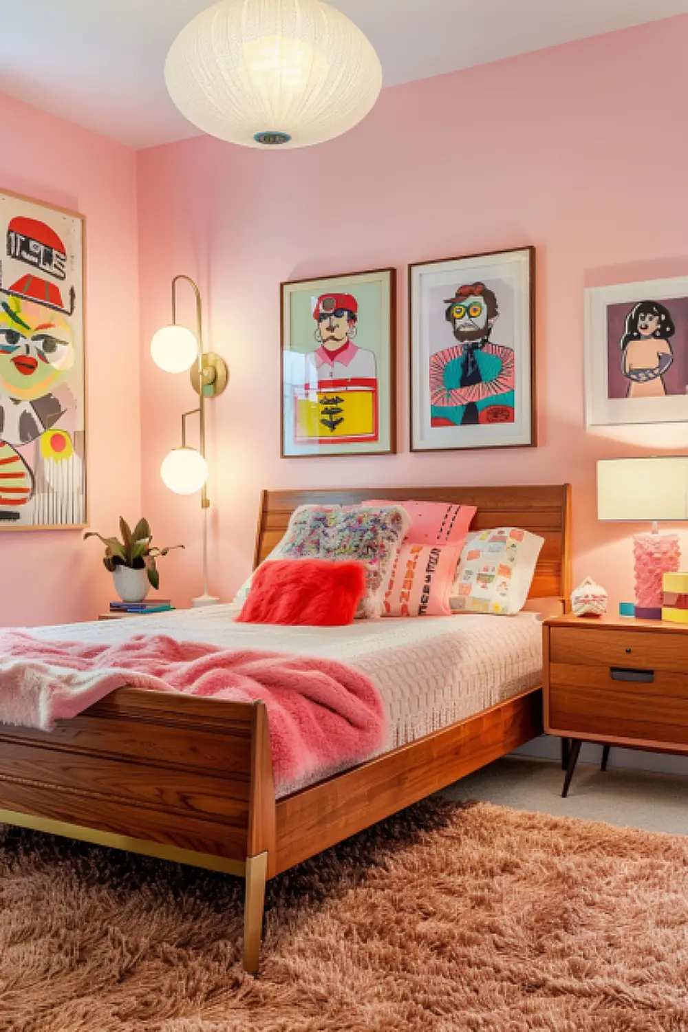 Retro boho bedroom with mid-century furniture and pink tones.