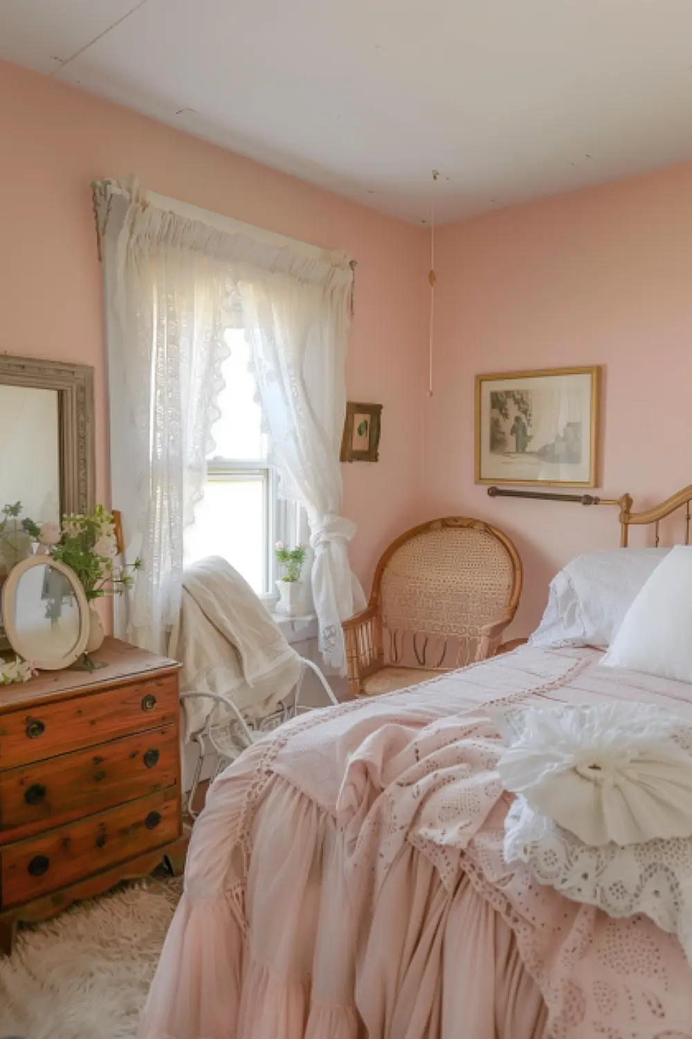 Rustic boho bedroom with pale pink walls and charming vintage touches.