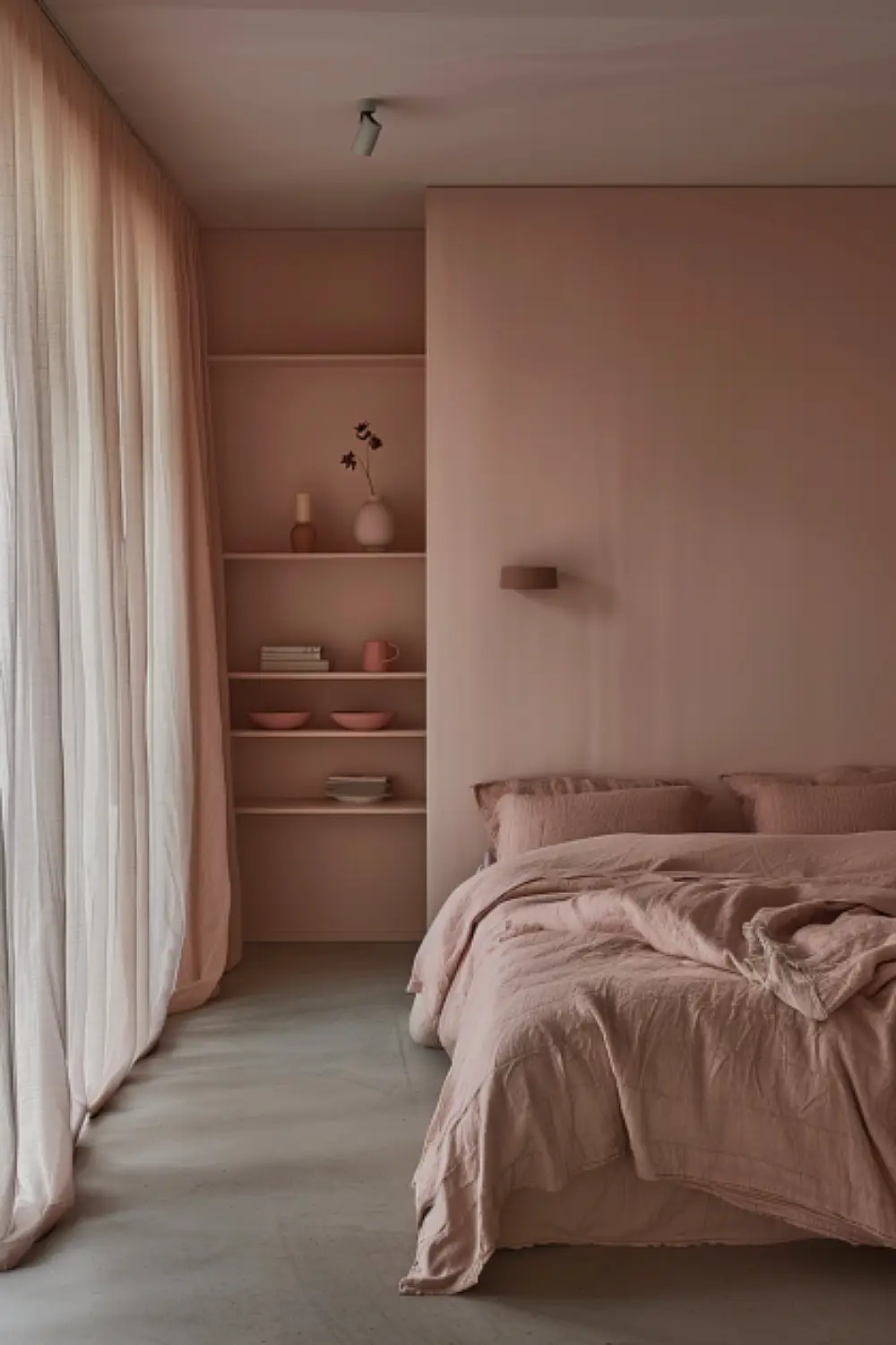 Minimalist boho bedroom with soft pastel tones and airy design.